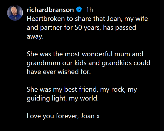 A dark mode screenshot of an Instagram caption by Richard Branson.