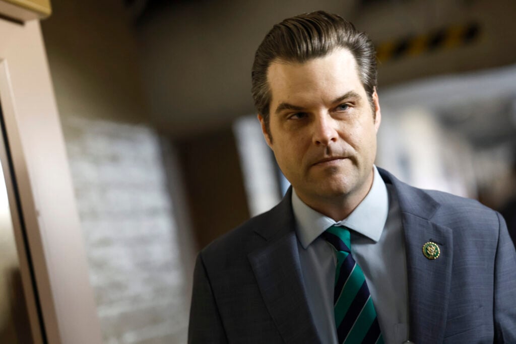 Rep. Matt Gaetz (R-FL) arrives to a meeting with House Republicans at the U.S. Capitol Building on October 19, 2023 in Washington, DC. The Republicans held hours-long meetings to consider empowering Speaker Pro Tempore Rep.