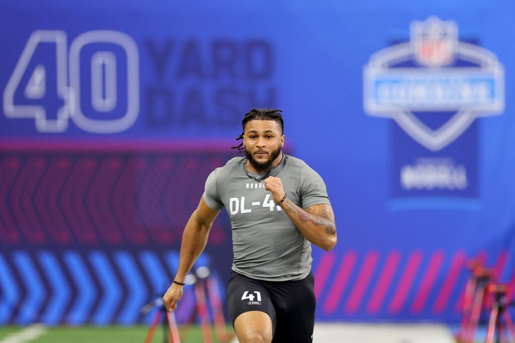 Marshawn Kneeland #DL41 of Western Michigan participates in the 40-yard dash during the NFL Combine at Lucas Oil Stadium on February 29, 2024 in Indianapolis, Indiana.
