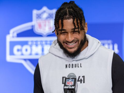 Marshawn Kneeland #DL41 of the Western Michigan Broncos speaks to the media during the 2024 NFL Draft Combine at Lucas Oil Stadium on February 28, 2024 in Indianapolis, Indiana.