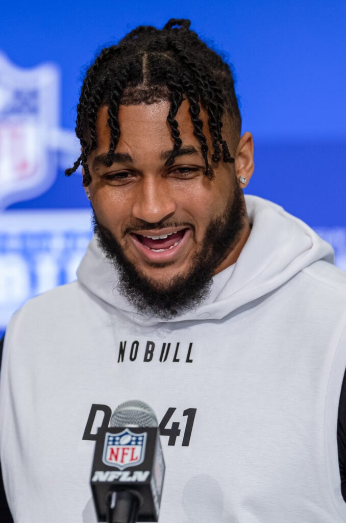 Marshawn Kneeland #DL41 of the Western Michigan Broncos speaks to the media during the 2024 NFL Draft Combine at Lucas Oil Stadium on February 28, 2024 in Indianapolis, Indiana.
