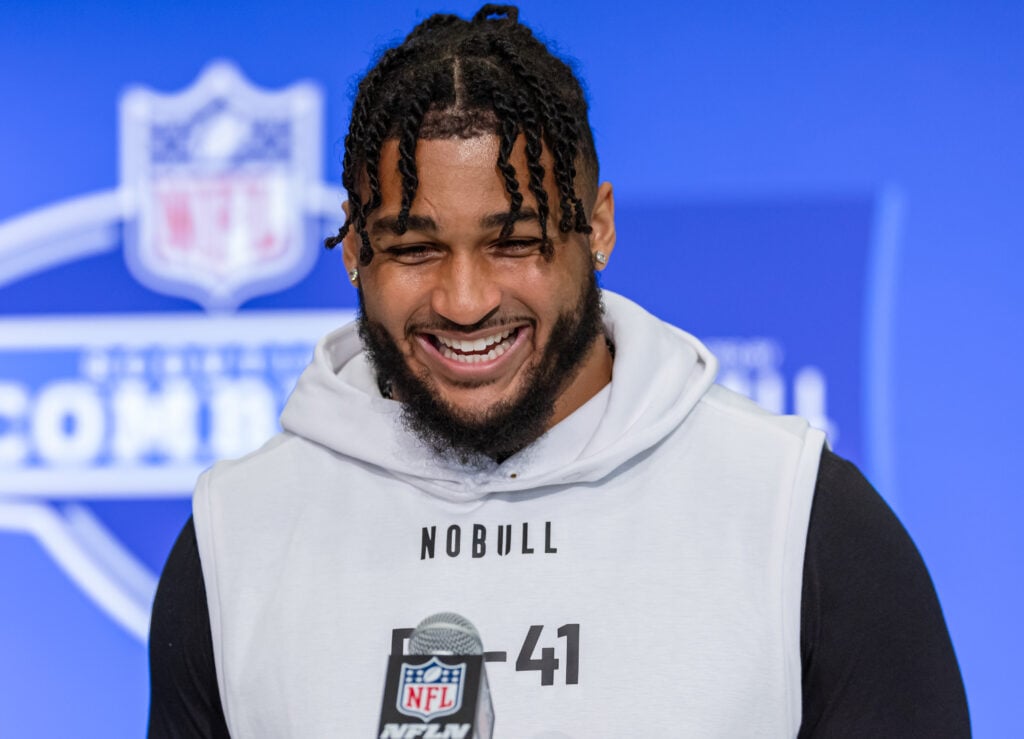 Marshawn Kneeland #DL41 of the Western Michigan Broncos speaks to the media during the 2024 NFL Draft Combine at Lucas Oil Stadium on February 28, 2024 in Indianapolis, Indiana. 