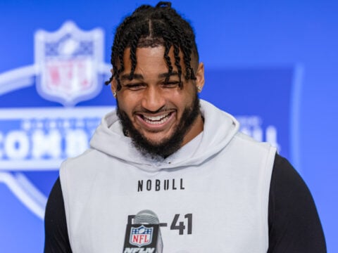 Marshawn Kneeland #DL41 of the Western Michigan Broncos speaks to the media during the 2024 NFL Draft Combine at Lucas Oil Stadium on February 28, 2024 in Indianapolis, Indiana.
