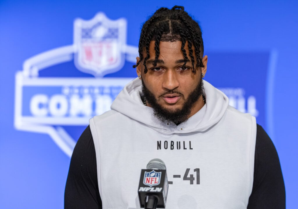 Marshawn Kneeland #DL41 of the Western Michigan Broncos speaks to the media during the 2024 NFL Draft Combine at Lucas Oil Stadium on February 28, 2024 in Indianapolis, Indiana.