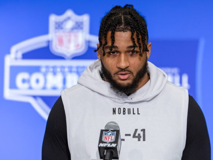 Marshawn Kneeland #DL41 of the Western Michigan Broncos speaks to the media during the 2024 NFL Draft Combine at Lucas Oil Stadium on February 28, 2024 in Indianapolis, Indiana.
