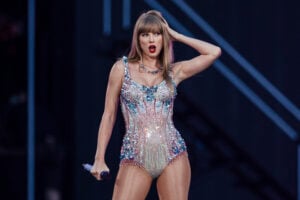 American singer and songwriter Taylor Swift performs on stage as part of her Eras Tour in Lisbon on May 24, 2024.