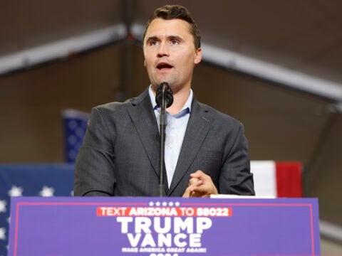 Charlie Kirk, who founded Turning Point USA, speaks before Republican vice presidential nominee U.S. Sen. JD Vance (R-OH) gives remarks at a campaign rally at Arizona Christian University on July 31, 2024 in Glendale, Arizona.
