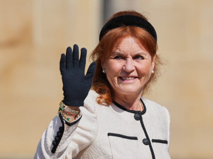 Sarah Ferguson waves as she attends the Easter Matins Service at St. George's Chapel, Windsor Castle on April 20, 2025 in Windsor, England.
