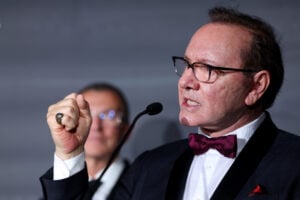 Kevin Spacey speaks on stage during the Better World Fund Gala 2025 at the 78th annual Cannes Film Festival at Carlton Hotel on May 20, 2025 in Cannes, France.