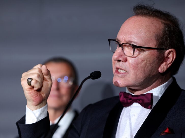 Kevin Spacey speaks on stage during the Better World Fund Gala 2025 at the 78th annual Cannes Film Festival at Carlton Hotel on May 20, 2025 in Cannes, France.