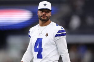 Dak Prescott #4 of the Dallas Cowboys looks on prior to the NFL Preseason 2025 game against the Atlanta Falcons at AT&T Stadium on August 22, 2025 in Arlington, Texas.