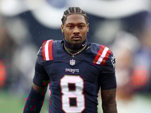 Stefon Diggs #8 of the New England Patriots looks on during the game against the Las Vegas Raiders at Gillette Stadium on September 07, 2025 in Foxborough, Massachusetts.