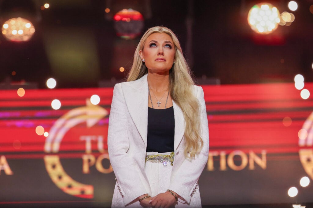 Erika Kirk speaks during the memorial service for her husband, political activist Charlie Kirk at State Farm Stadium on September 21, 2025 in Glendale, Arizona. 