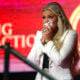 Mrs. Erika Kirk wipes away tears during the memorial service for her husband, political activist Charlie Kirk at State Farm Stadium on September 21, 2025 in Glendale, Arizona.