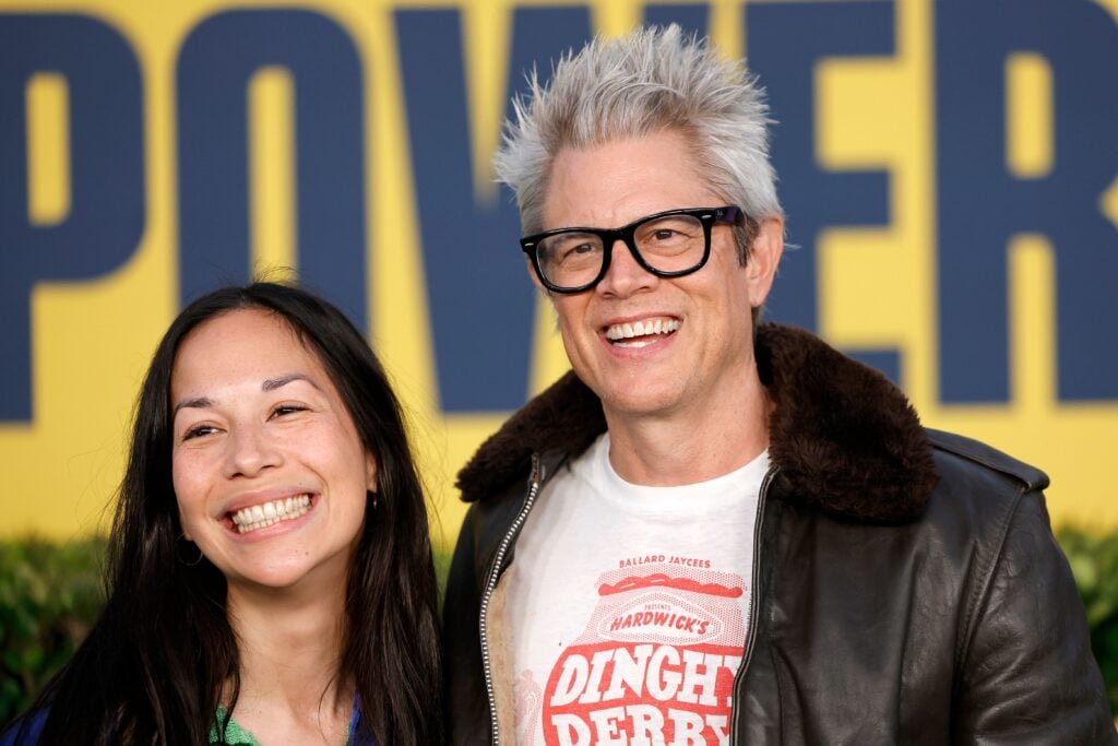 Emily Ting and Johnny Knoxville attend the Red Carpet Premiere of Hulu's "Chad Powers" at Rose Bowl Stadium on September 25, 2025 in Pasadena, California.