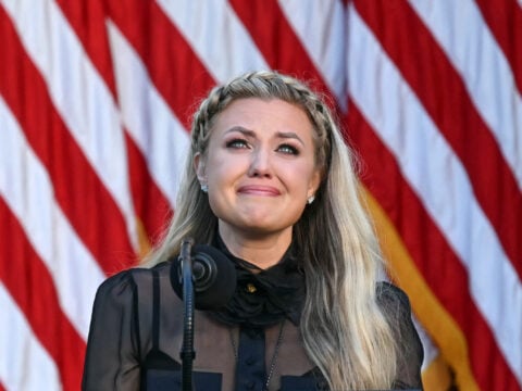Erika Kirk, Charlie Kirk's widow, participates in a Medal of Freedom Ceremony for late US right-wing activist Charlie Kirk in the Rose Garden of the White House in Washington, DC, on October 14, 2025.