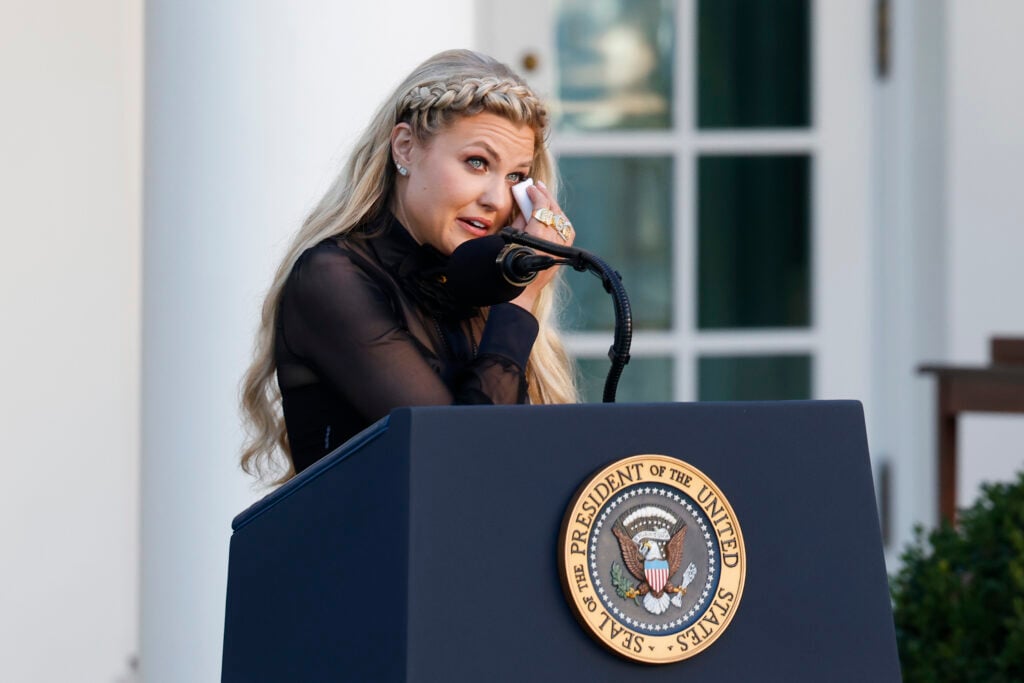 Erika Kirk, wife of late conservative activist Charlie Kirk, becomes emotional as she speaks after U.S. President Donald Trump posthumously awarded the Presidential Medal of Freedom to Charlie Kirk during a ceremony in the Rose Garden of the White House on October 14, 2025 in Washington, DC.