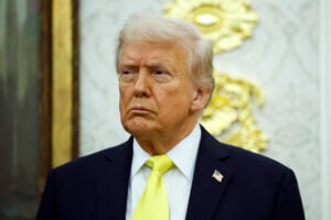 U.S. President Donald Trump looks on during a press conference in the Oval Office of the White House on October 15, 2025 in Washington, DC. Trump and Federal Bureau of Investigation Director Kash Patel provided an update on the Trump administration’s progress in reducing violent crime.