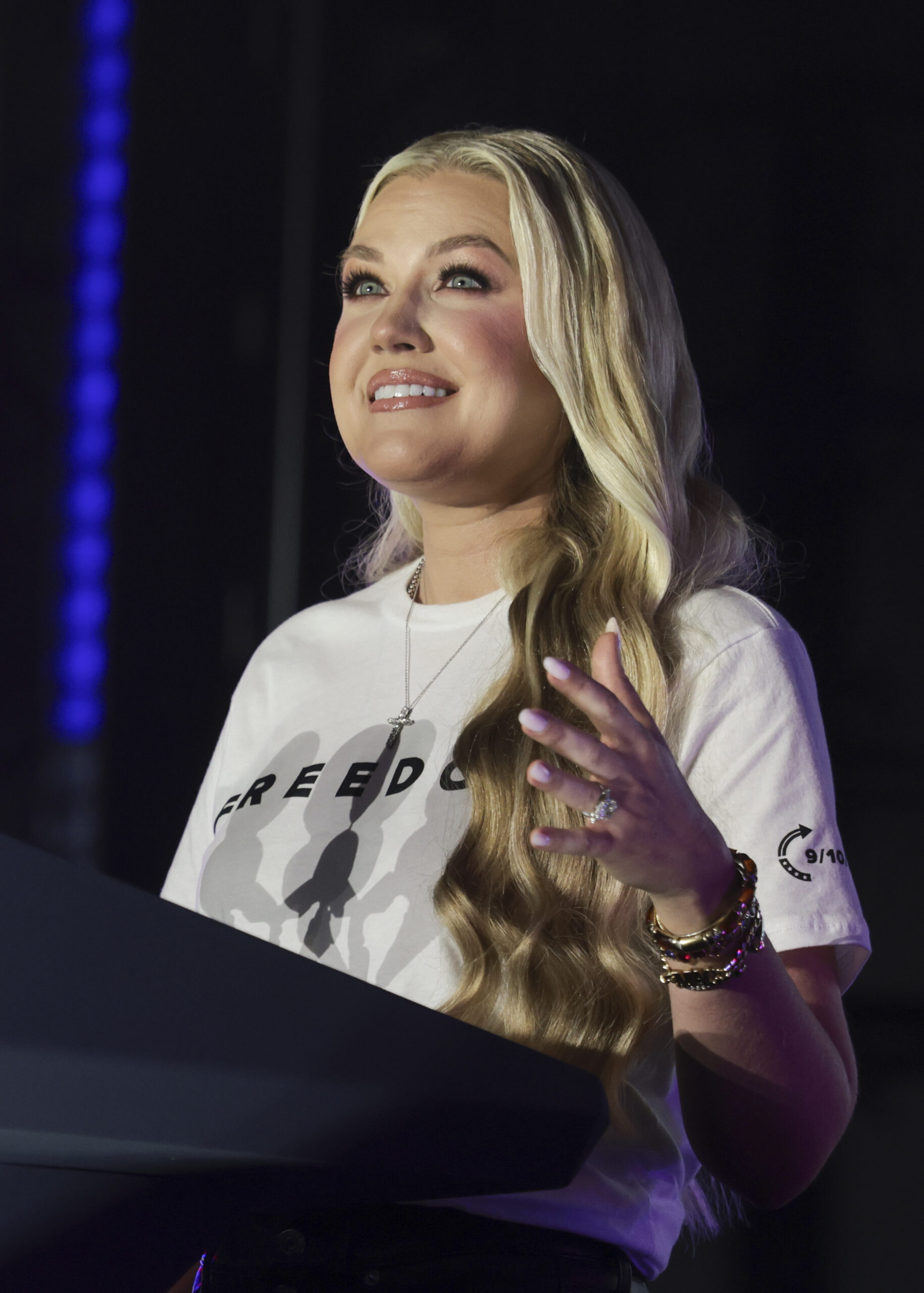 Erica Kirk, widow of Turning Point USA founder Charlie Kirk, speaks during a Turning Point USA event where U.S. Vice President J.D. Vance is expected, in the suite at Ole Miss at the University of Mississippi, on October 29, 2025 in Oxford, Mississippi. 