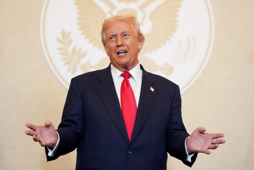 U.S. President Donald Trump speaks during a meeting with business leaders at the U.S. Ambassador's Residence on October 28, 2025 in Tokyo, Japan.