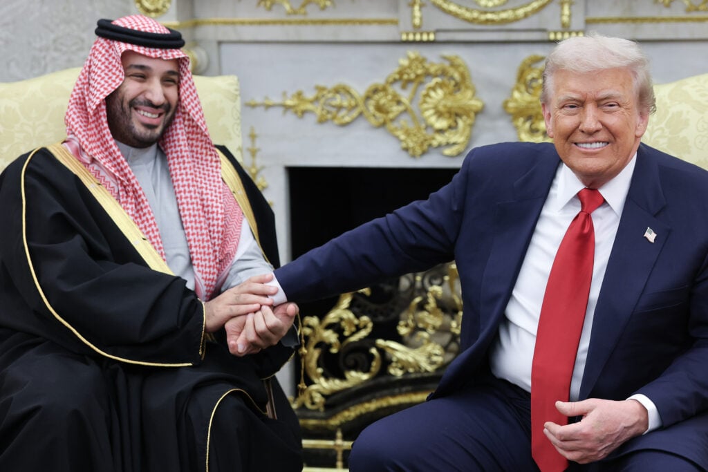 U.S. President Donald Trump (R) meets with Crown Prince and Prime Minister Mohammed bin Salman of Saudi Arabia during a bilateral meeting in the Oval Office of the White House on November 18, 2025 in Washington, DC.