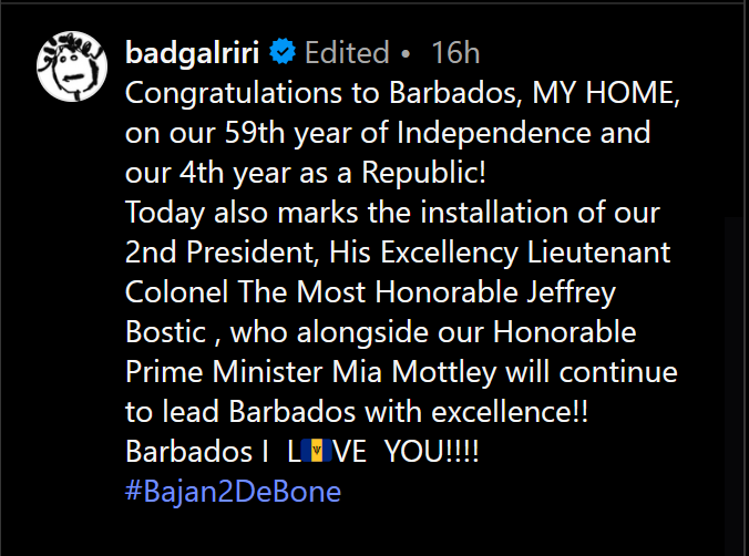 A dark mode screenshot of Rihanna's Instagram caption.