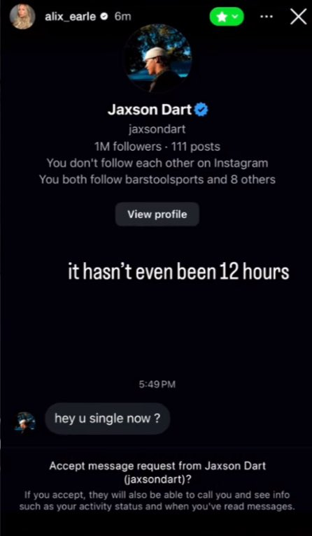 A fake screenshot of Alix Earle and Jaxson Dart.