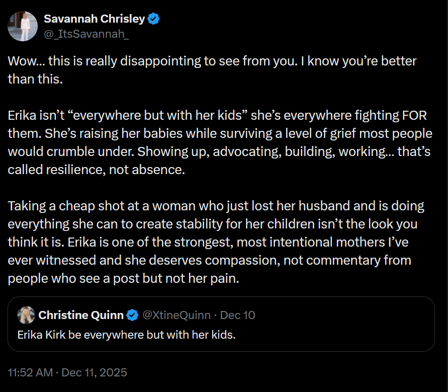 A dark mode twitter screenshot of Savannah Chrisley quote-tweeting Christine Quinn.