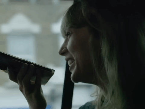 Taylor Swift sits in the back of an SUV and talks to her man on speakerphone.