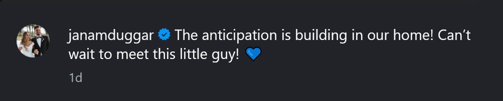 A dark mode screenshot of an Instagram caption by Jana Duggar.