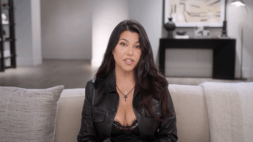 Kourtney Kardashian looks great on the 'The Kardashians' confessional couch.