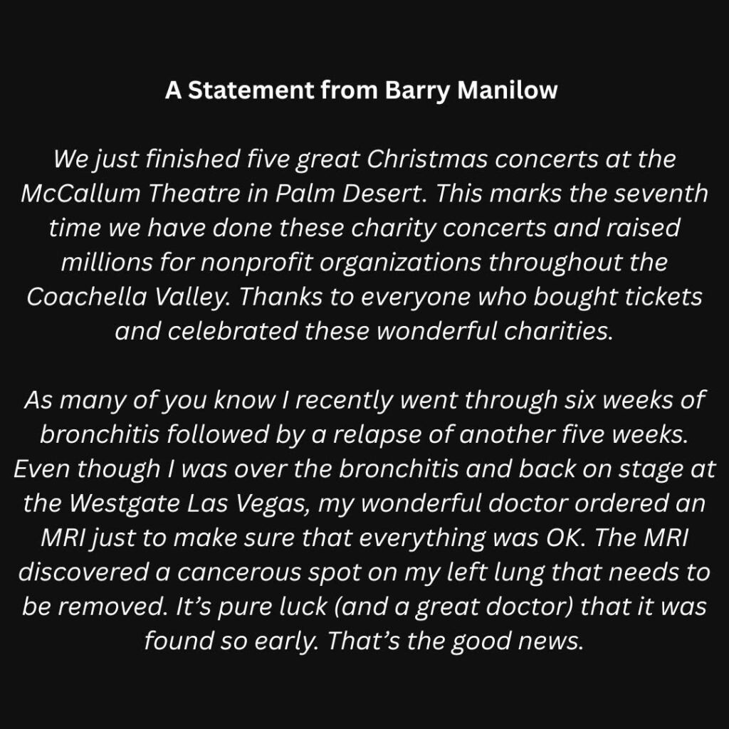 Part 1 of 2 of Barry Manilow's text post to Instagram.