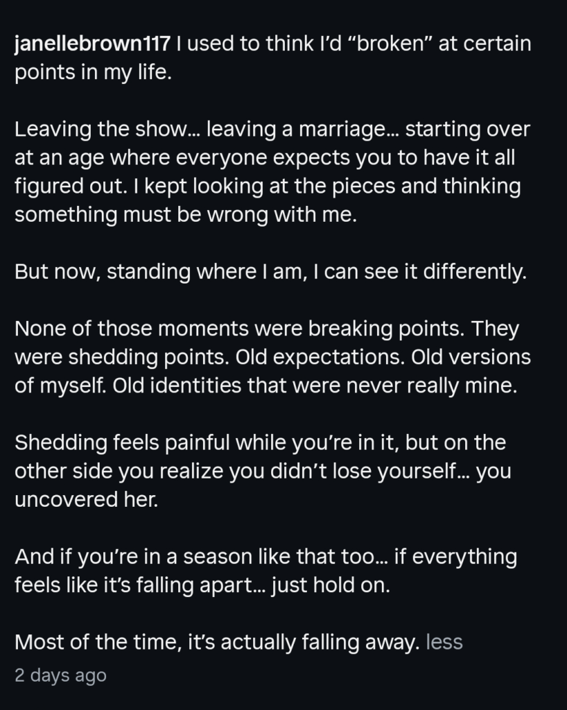 Janelle Brown's dark mode Instagram caption.