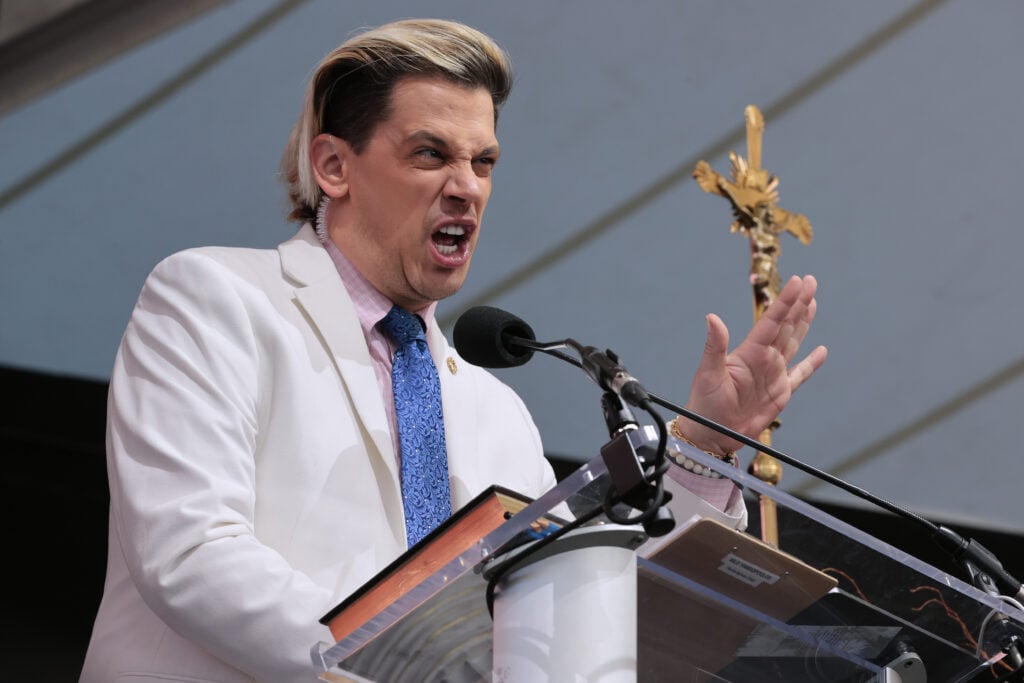 British far-right political pundit Milo Yiannopoulos hosts the ‘Bishops Enough Is Enough’ rally at the MECU Pavilion November 16, 2021 in Baltimore, Maryland.