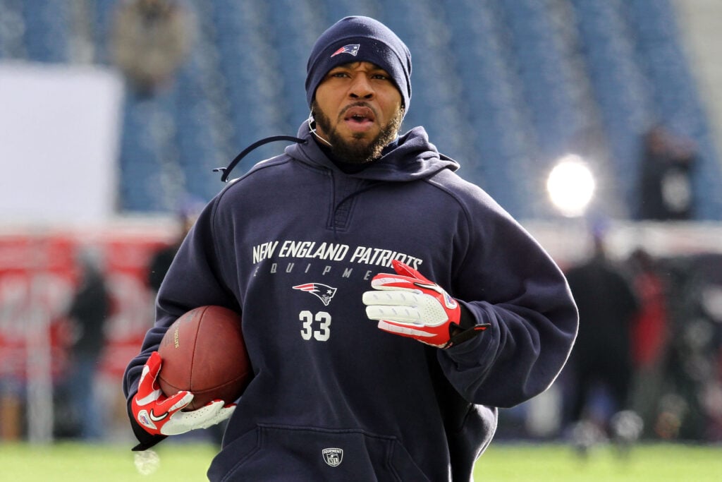Kevin Faulk #33 of the New England Patriots warms up prior to playing against the Baltimore Ravens in AFC Championship Game at Gillette Stadium on January 22, 2012 in Foxboro, Massachusetts.
