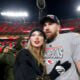 Taylor Swift celebrates with Travis Kelce #87 of the Kansas City Chiefs after defeating the Buffalo Bills 32-29 in the AFC Championship Game at GEHA Field at Arrowhead Stadium on January 26, 2025 in Kansas City, Missouri.