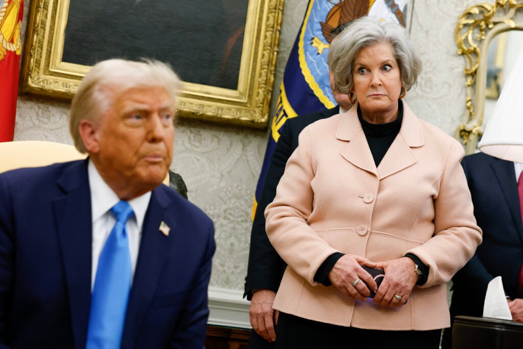 U.S. President Donald Trump, accompanied by White House Chief of Staff Susie Wiles (R), speaks during a meeting with Israeli Prime Minister Benjamin Netanyahu in the Oval Office of the White House on February 04, 2025 in Washington, DC.