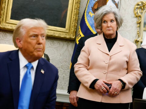 U.S. President Donald Trump, accompanied by White House Chief of Staff Susie Wiles (R), speaks during a meeting with Israeli Prime Minister Benjamin Netanyahu in the Oval Office of the White House on February 04, 2025 in Washington, DC.
