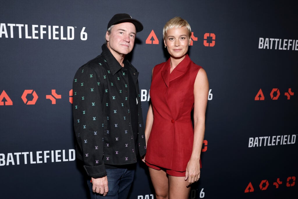 Vince Zampella and Brie Larson attend the BATTLEFIELD 6 reveal celebration hosted by Electronic Arts and Battlefield Studios at Sunset Room Hollywood on July 31, 2025 in Los Angeles, California. 