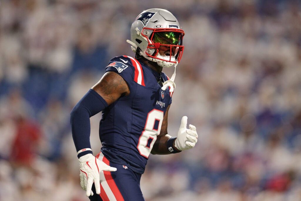 Stefon Diggs #8 of the New England Patriots warms up prior to the game against the Buffalo Bills at Highmark Stadium on October 05, 2025 in Orchard Park, New York. 