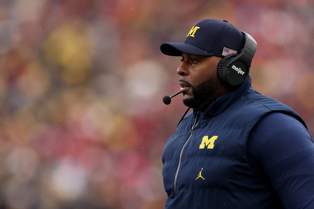 Head coach Sherrone Moore of the Michigan Wolverines reacts against the Ohio State Buckeyes at Michigan Stadium on November 29, 2025 in Ann Arbor, Michigan.