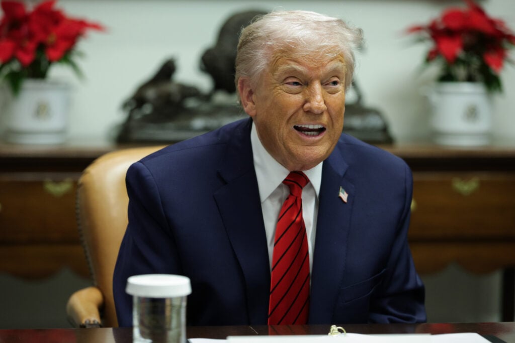 U.S. President Donald Trump speaks during a roundtable discussion with top business leaders in the Roosevelt Room at the White House on December 10, 2025 in Washington, DC.