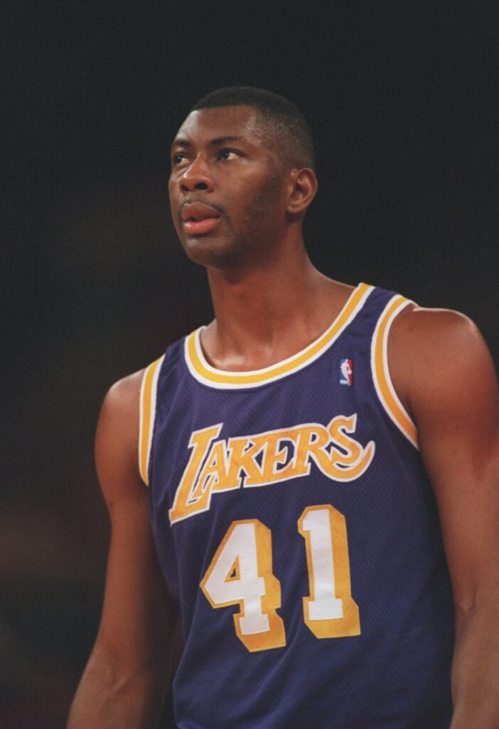 Elden Campbell of the Los Angeles Lakers during the Lakers 129-83 loss to the Portland Trailblazers in Portland, Oregon.