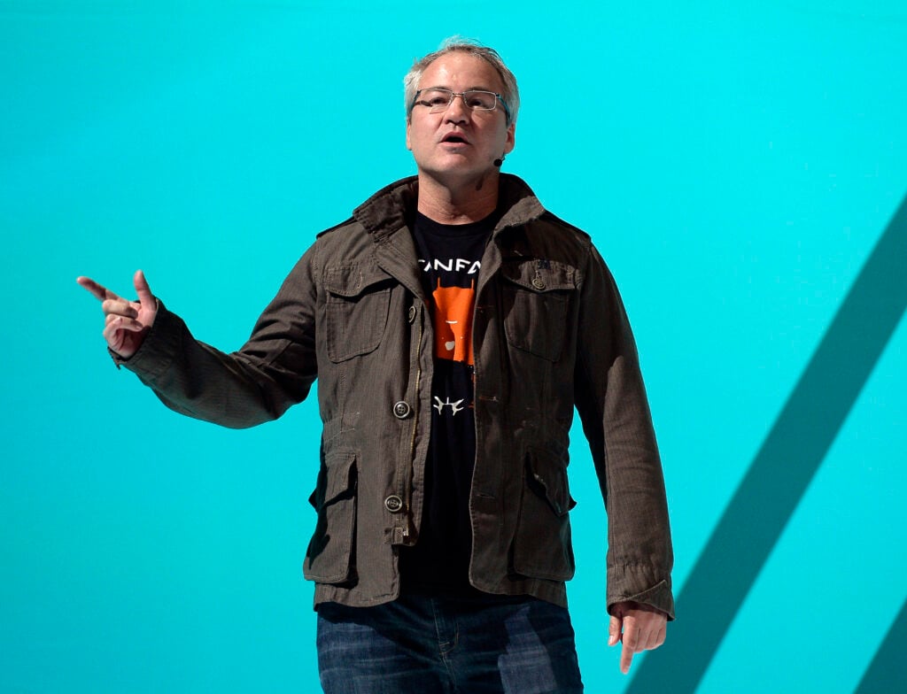 Vince Zampella, CEO of Respawn Entertainment, introduces the video game "Titanfall 2" during Electronics Arts news conference on June 12, 2016 in Los Angeles, California. 