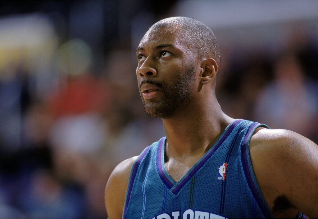 Elden Campbell #5 of the Charlotte Hornets looks on the court during the game against the Washington Wizards at the MCI Center in Washington, D.C. the Hornets defeated the Wizards 103-89. 