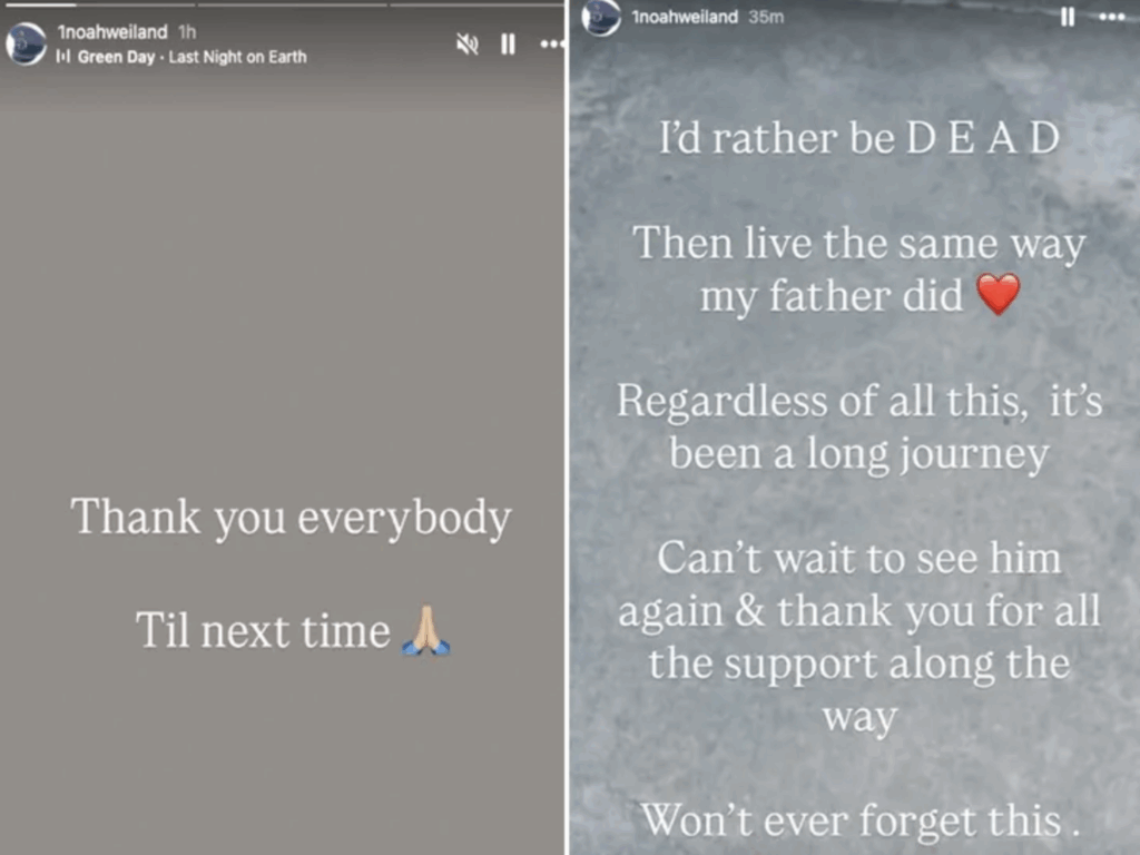 Messages posted to Noah Weiland's Instagram Stories.