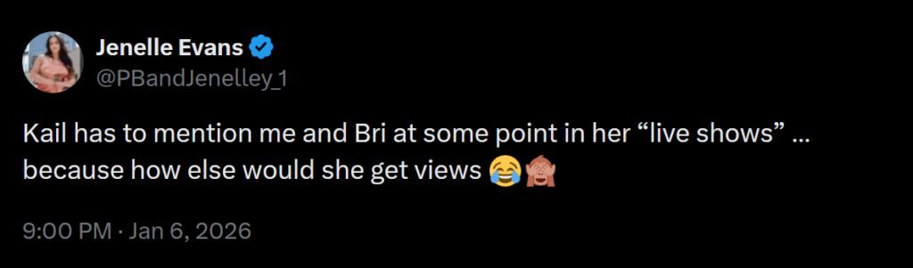 A dark mode screenshot of a January 6 2026 tweet from Jenelle Evans.