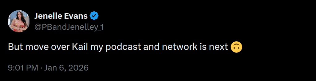 A dark mode screenshot of another January 6 2026 tweet from Jenelle Evans.