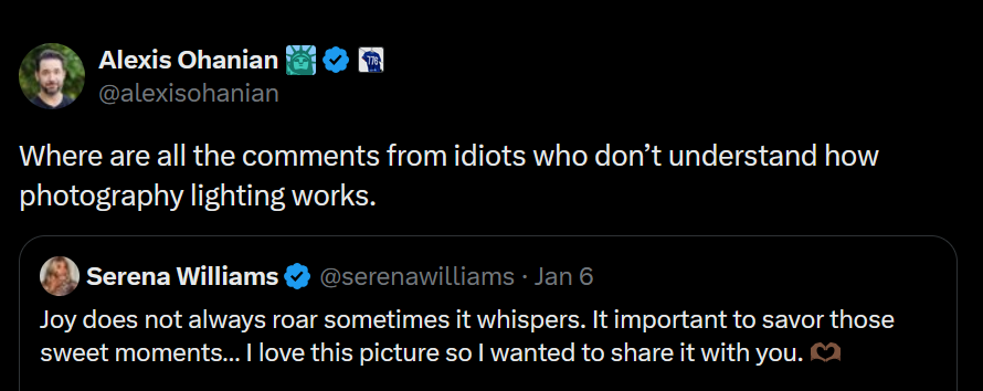 A dark mode screenshot of an Alexis Ohanian tweet.