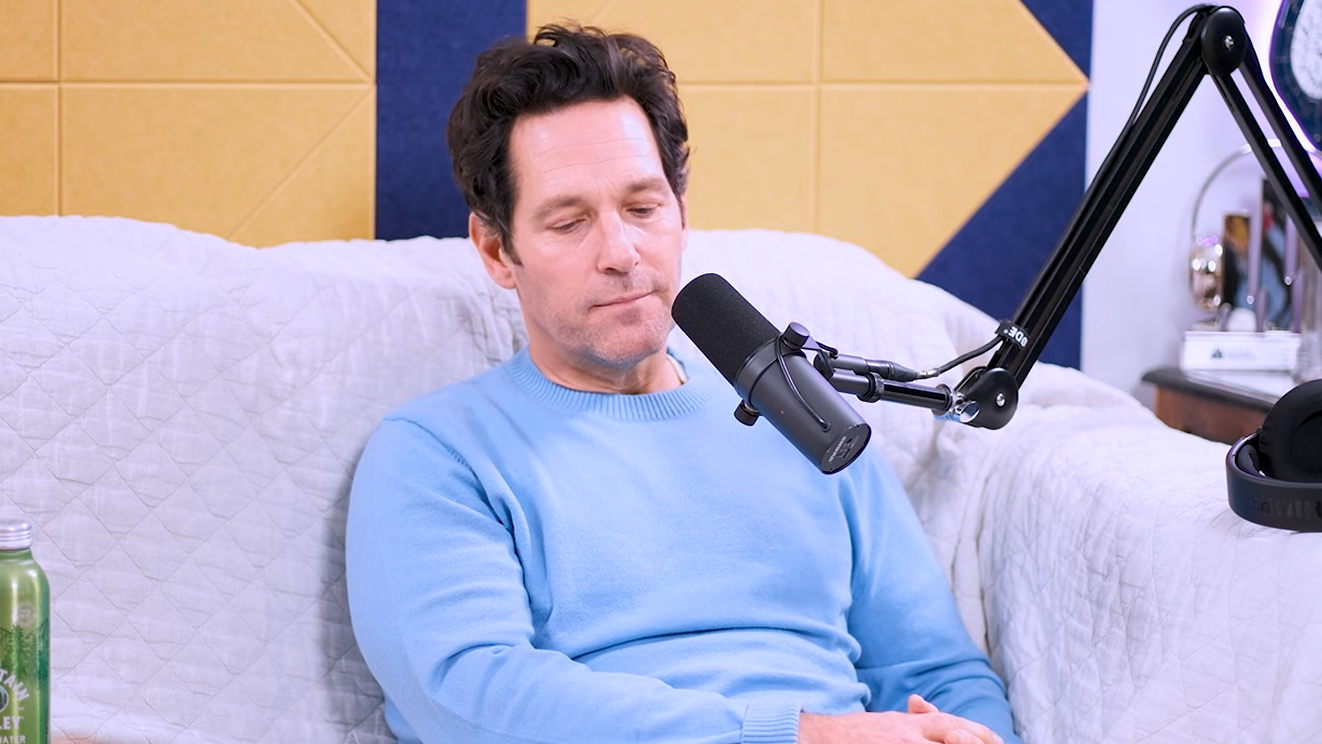 Paul Rudd makes a facial expression on a podcast.